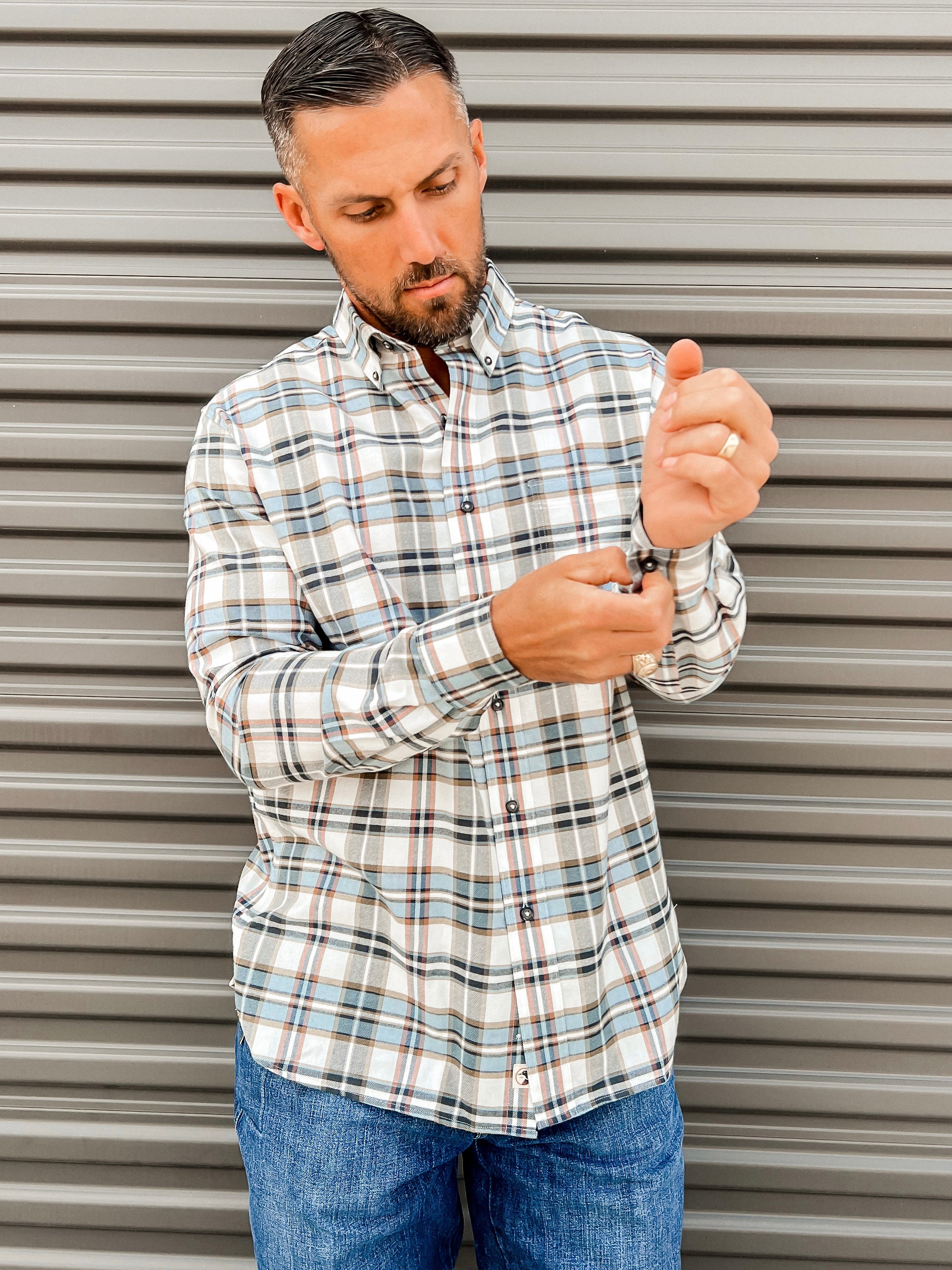 Long Sleeve Cotton Flannel Russin Plaid Shirt - Soft White