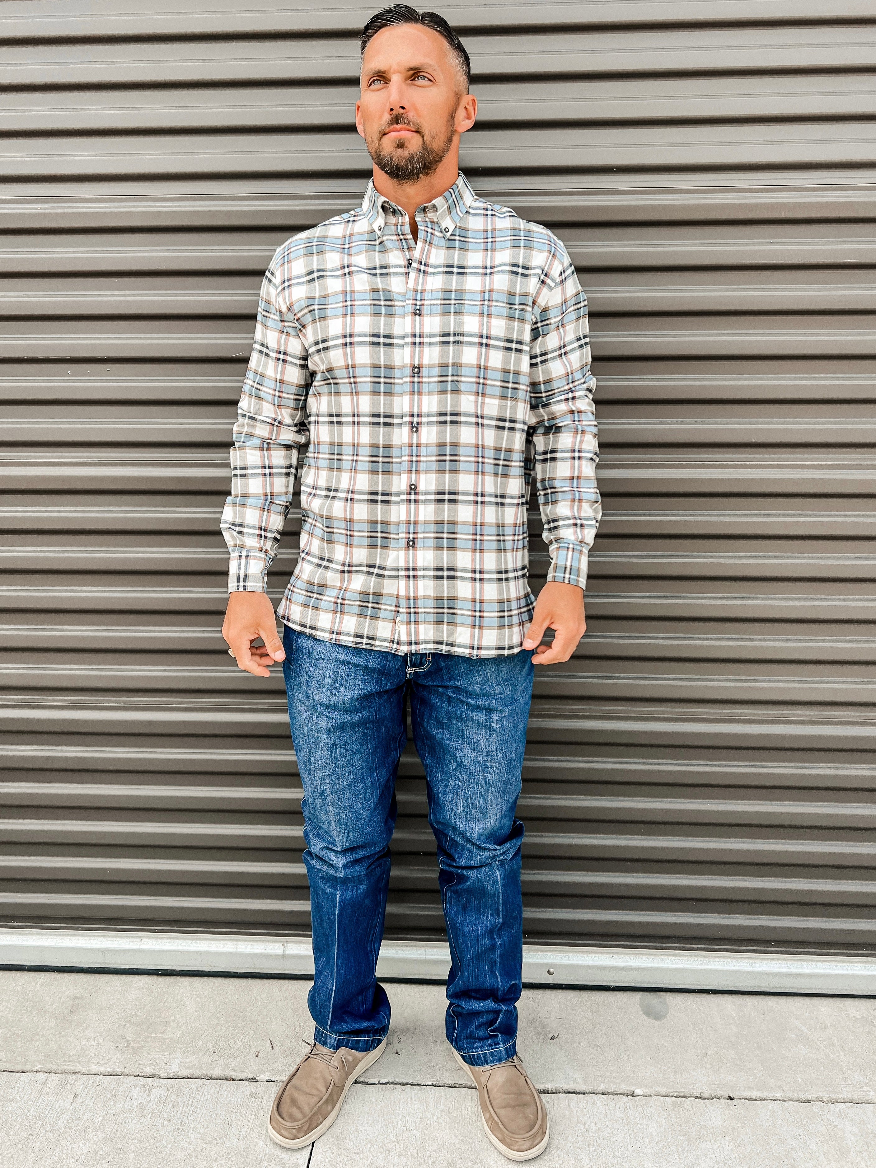 Long Sleeve Cotton Flannel Russin Plaid Shirt - Soft White