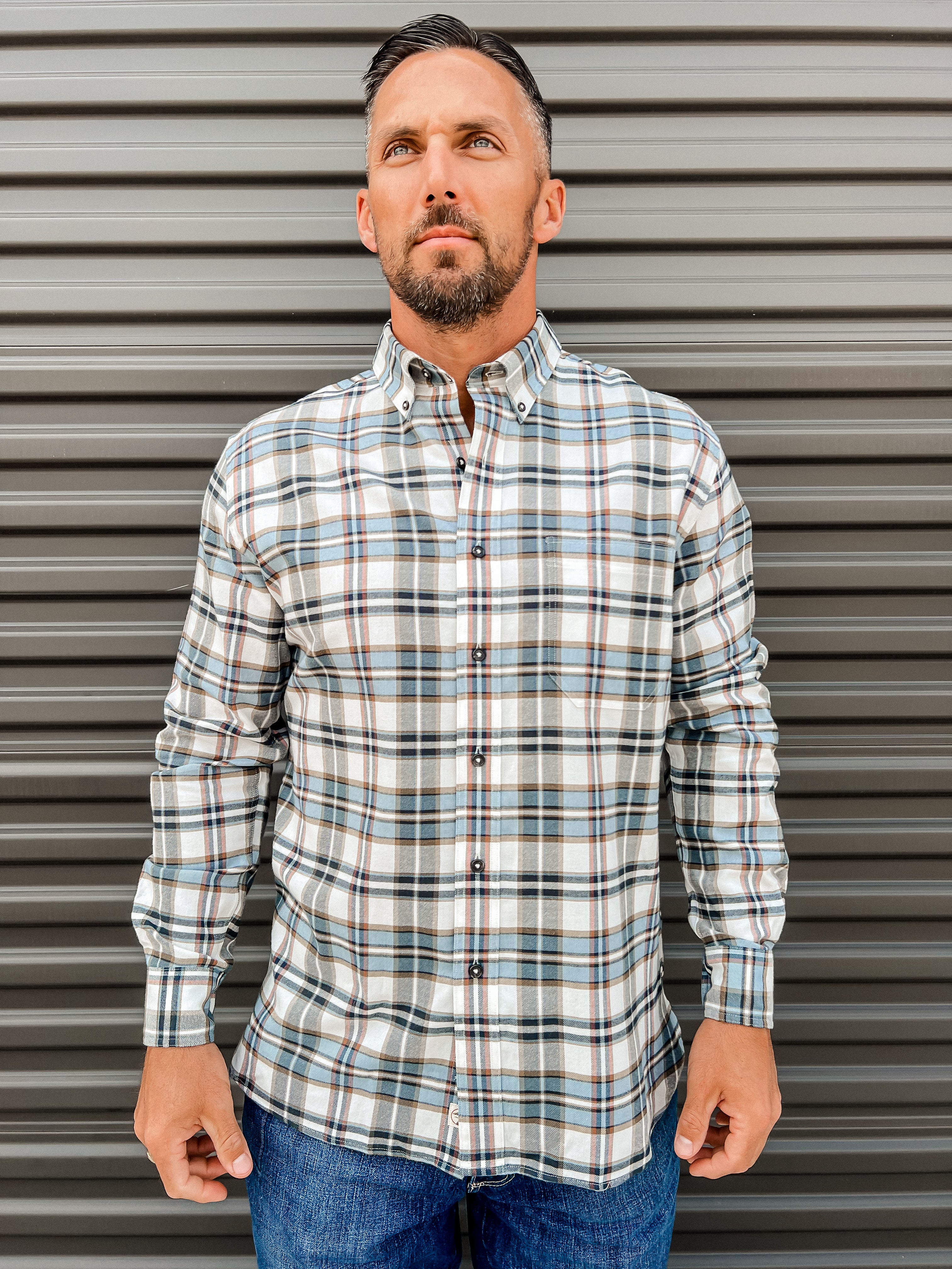 Long Sleeve Cotton Flannel Russin Plaid Shirt - Soft White