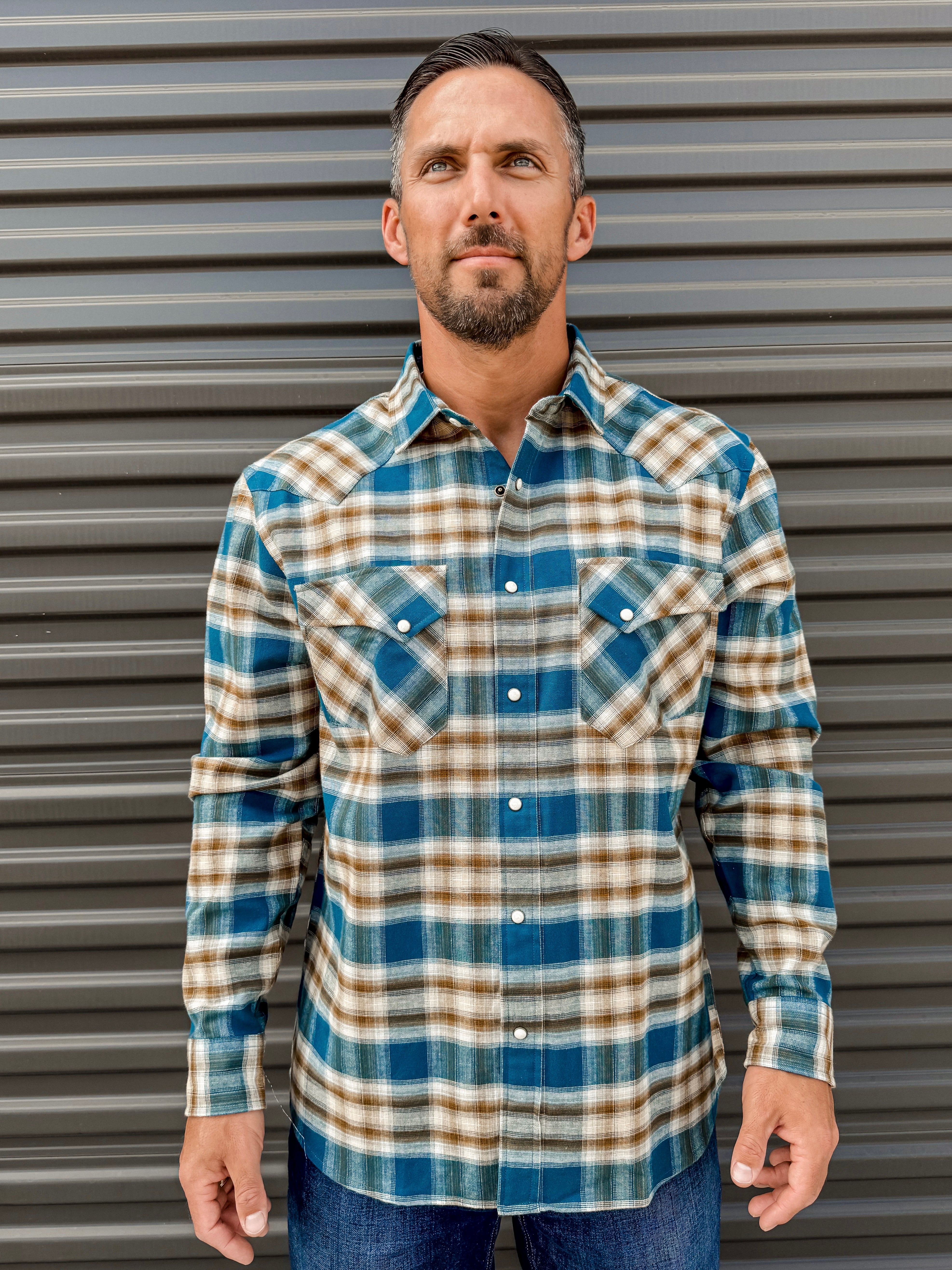 Wyatt Long Sleeve Shirt - Blue & Bronze Plaid