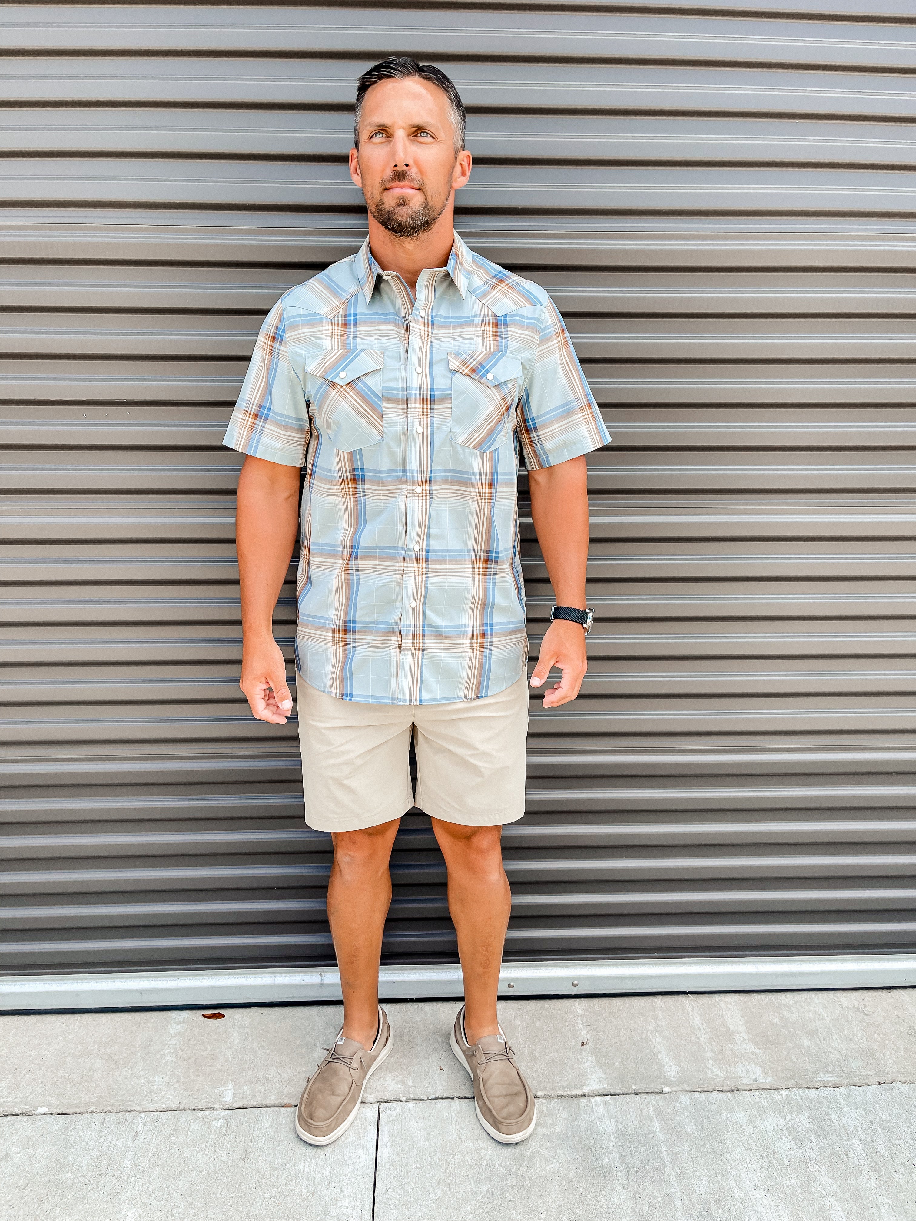 The Bishop Shirt Short Sleeve - Dusty Blue Khaki Plaid