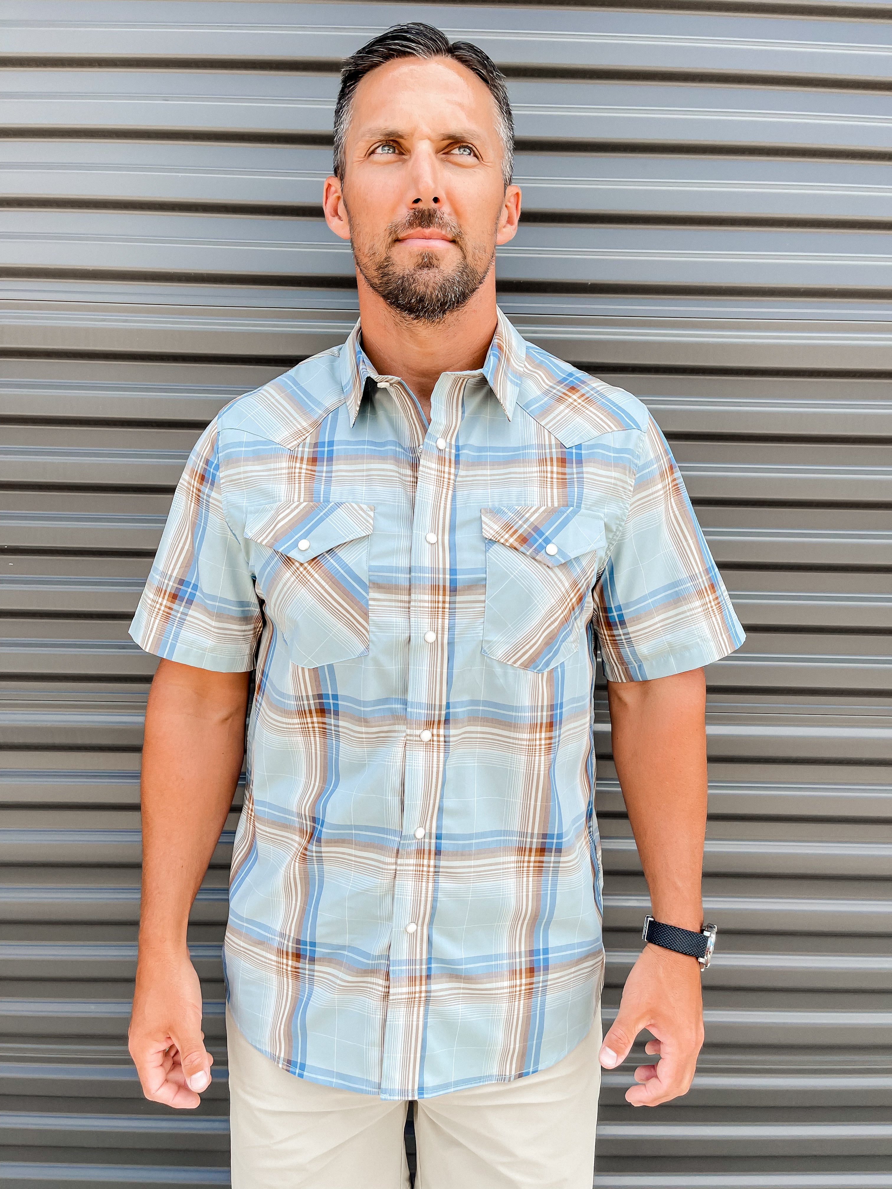 The Bishop Shirt Short Sleeve - Dusty Blue Khaki Plaid