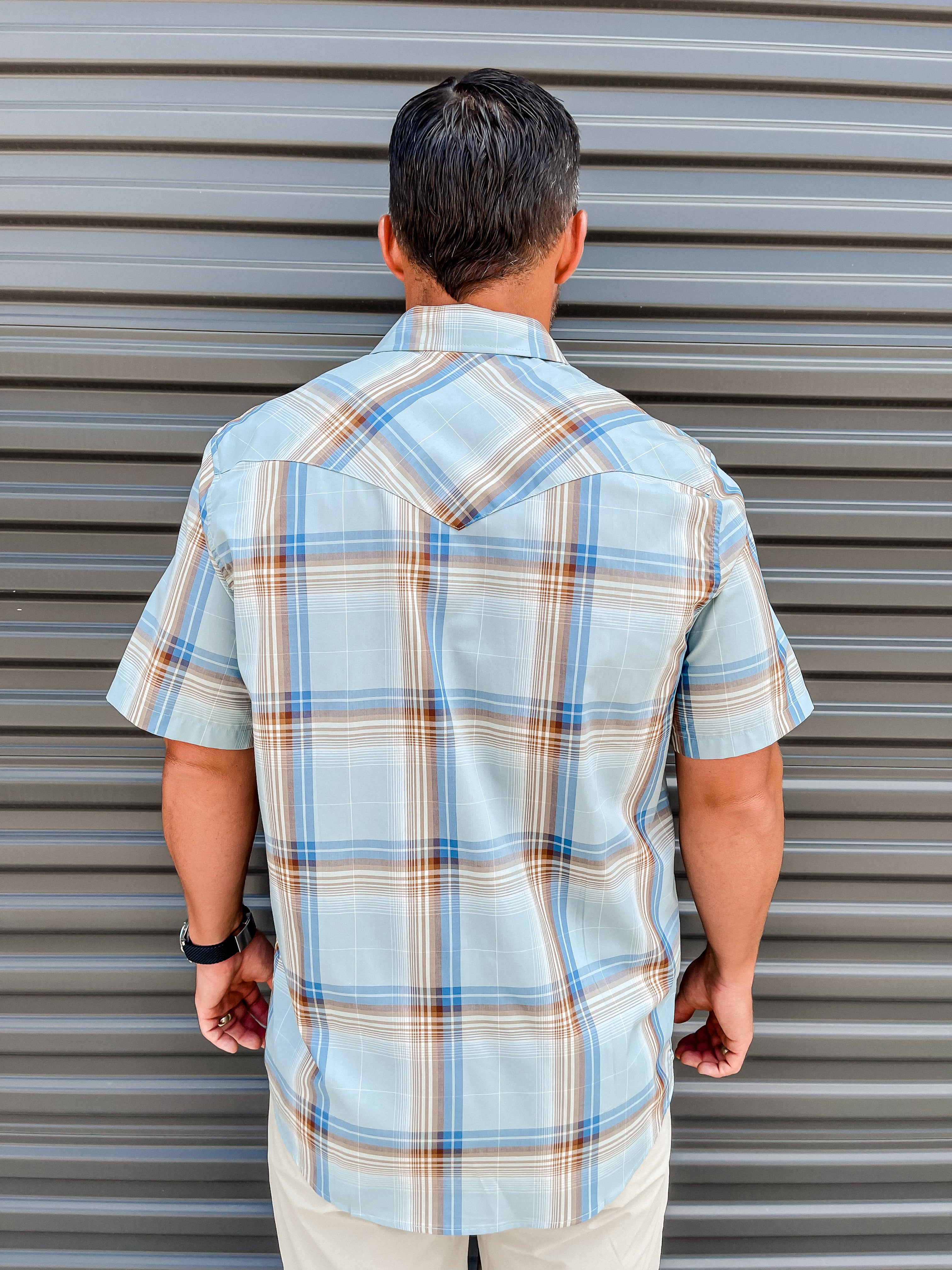 The Bishop Shirt Short Sleeve - Dusty Blue Khaki Plaid