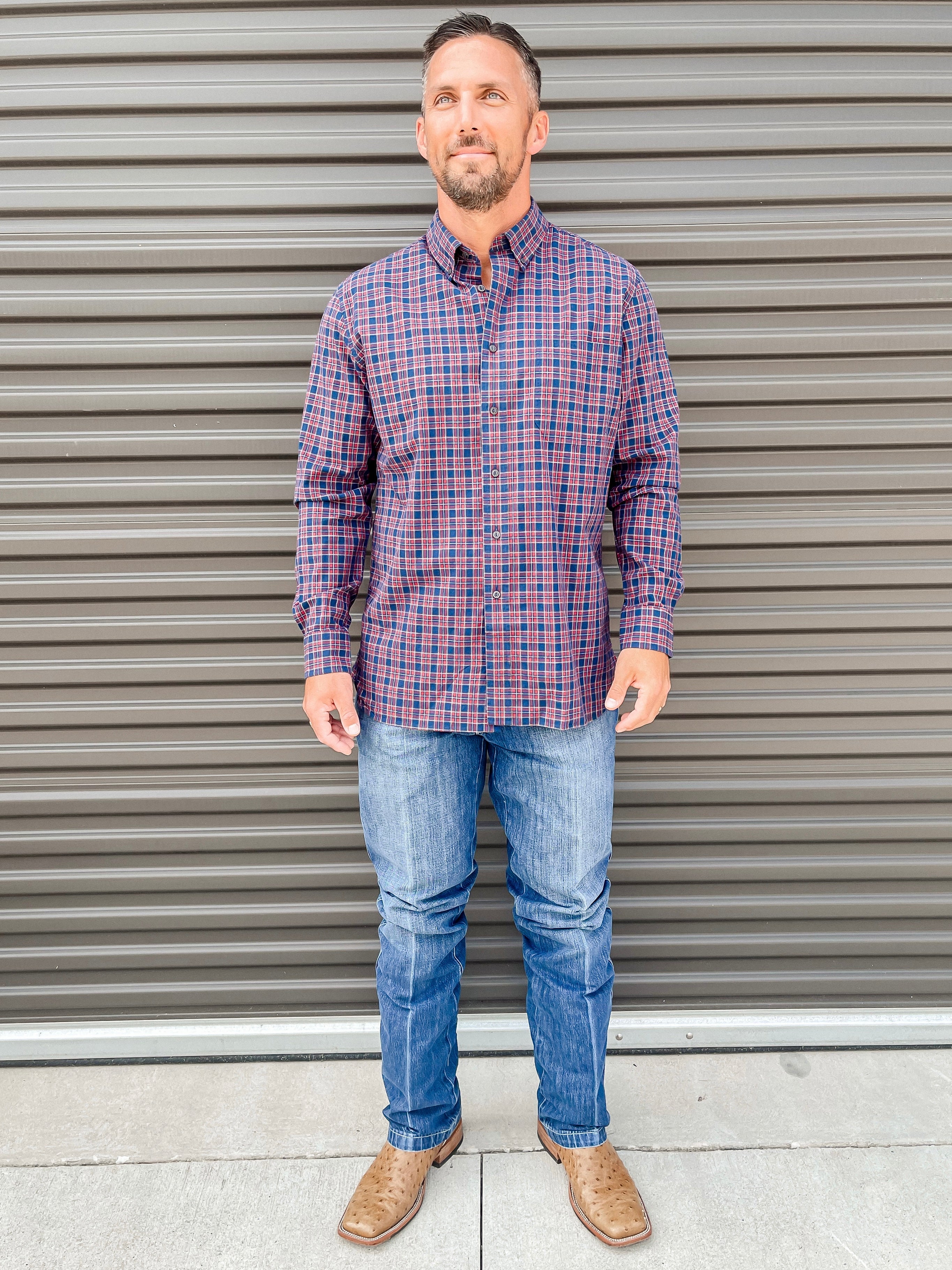 Long Sleeve Cotton Slub Akins Plaid Shirt - Mirror Lake Blue