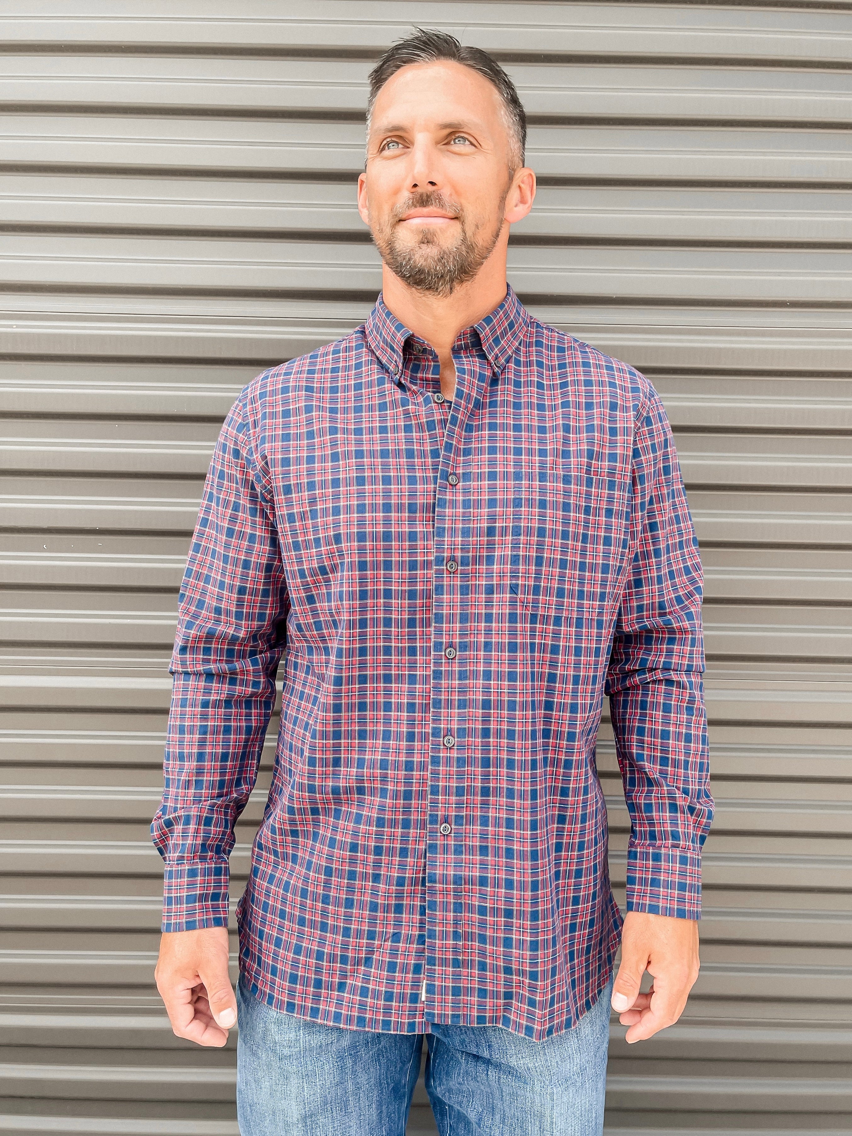 Long Sleeve Cotton Slub Akins Plaid Shirt - Mirror Lake Blue