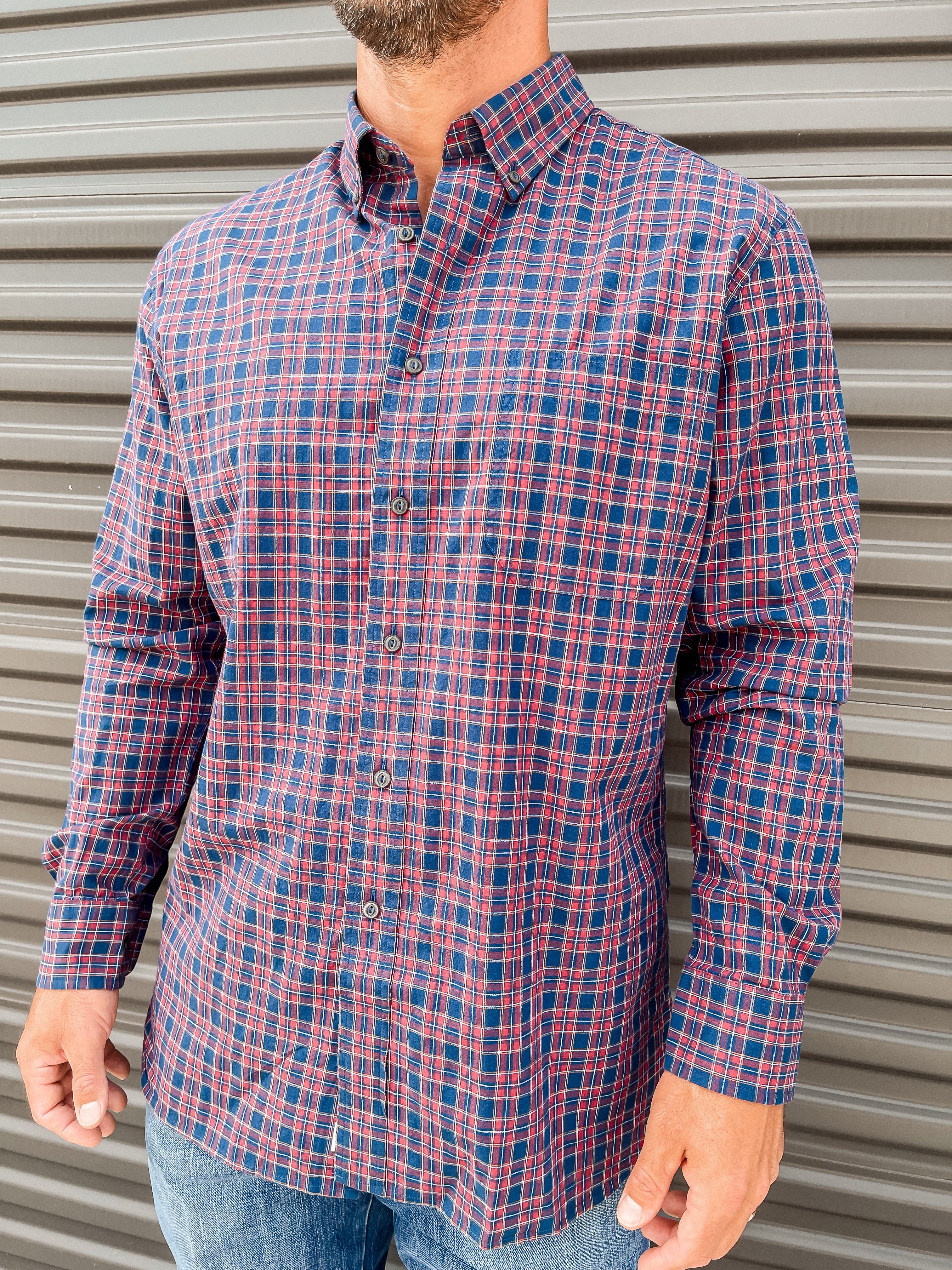 Long Sleeve Cotton Slub Akins Plaid Shirt - Mirror Lake Blue